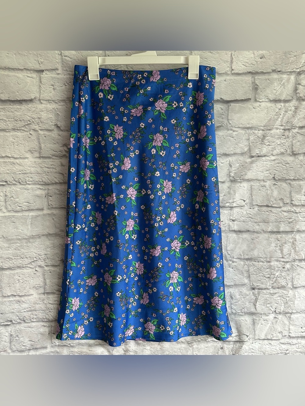 PREOWNED J. CREW BLUE PURPLE FLORAL SATIN MIDI SKIRT WOMENS MEDIUM M